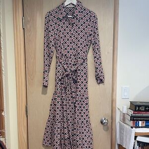 Boden Long-Sleeve Tie-Waist Shirt Maxi Dress in Navy, Red & White